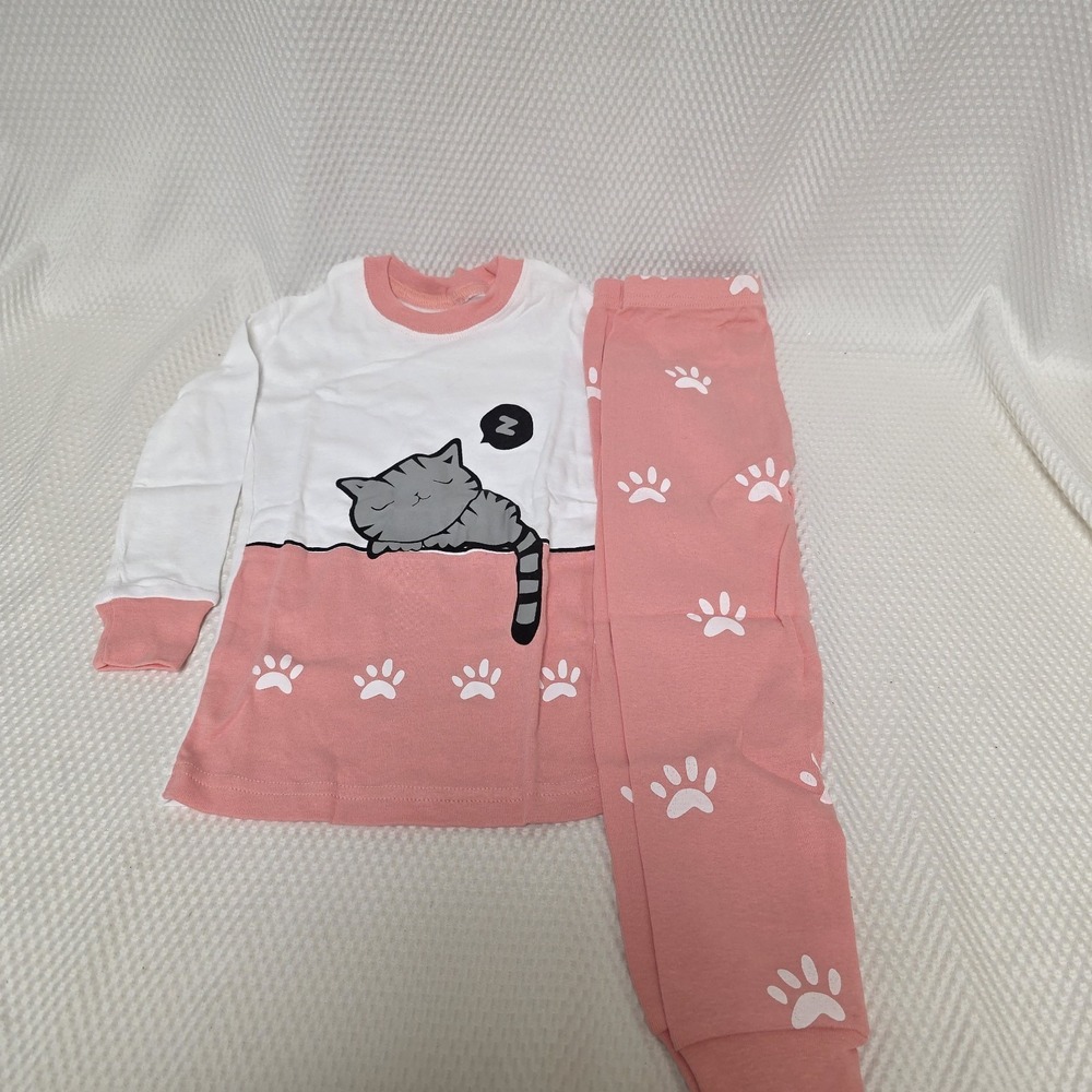 Cat Kitty Pajamas 2 Piece Girls Pink Size 3T NWT Paw Prints Pink White KikizYe - Picture 4 of 5
